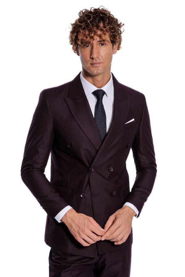 Double Breasted Plain Wide Lapel Purple Men Suit