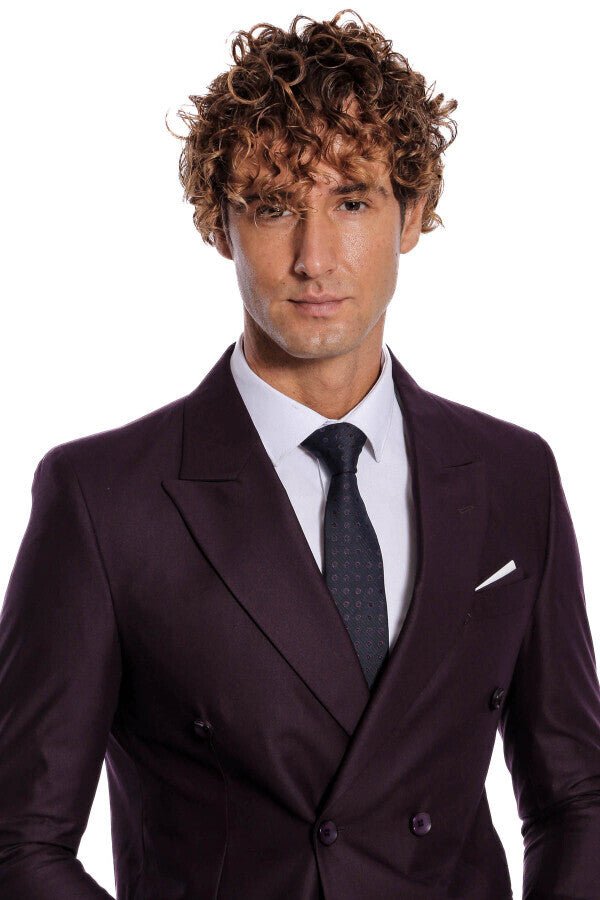 Double Breasted Plain Wide Lapel Purple Men Suit