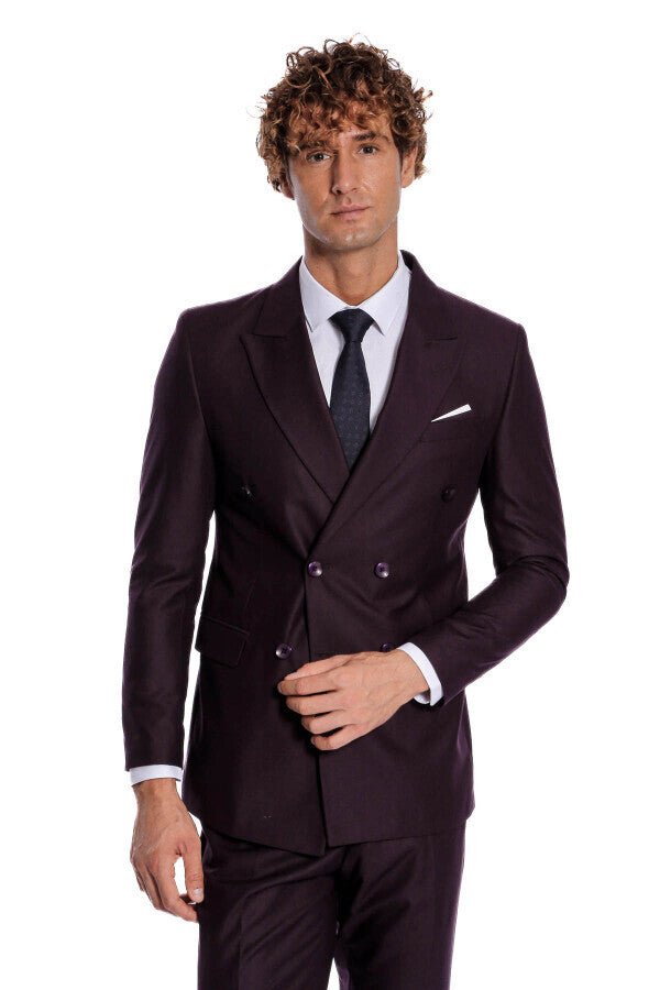Double Breasted Plain Wide Lapel Purple Men Suit