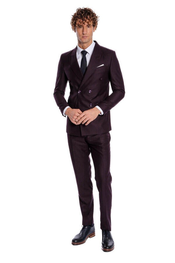 Double Breasted Plain Wide Lapel Purple Men Suit