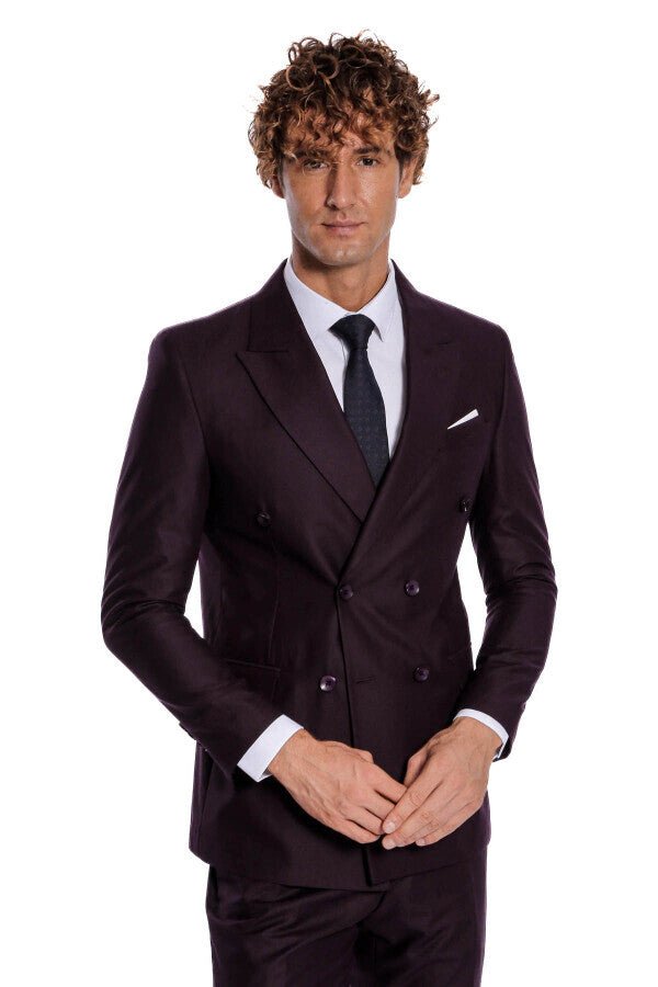 Double Breasted Plain Wide Lapel Purple Men Suit