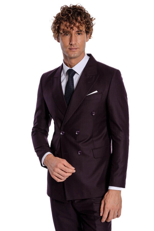 Double Breasted Plain Wide Lapel Purple Men Suit