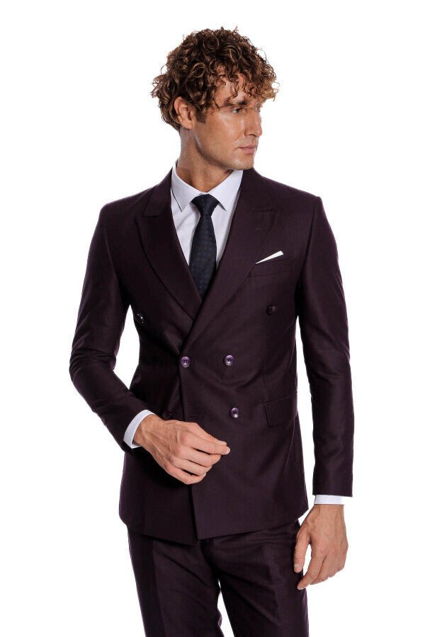 Double Breasted Plain Wide Lapel Purple Men Suit
