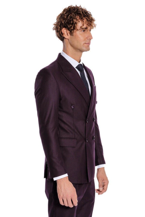 Double Breasted Plain Wide Lapel Purple Men Suit