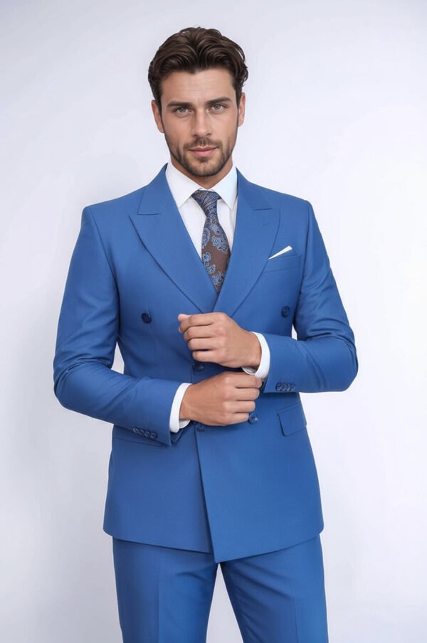 Double Breasted Slim Fit Blue Men Suit