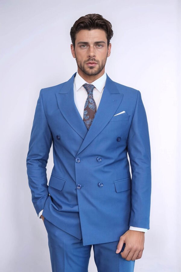 Double Breasted Slim Fit Blue Men Suit