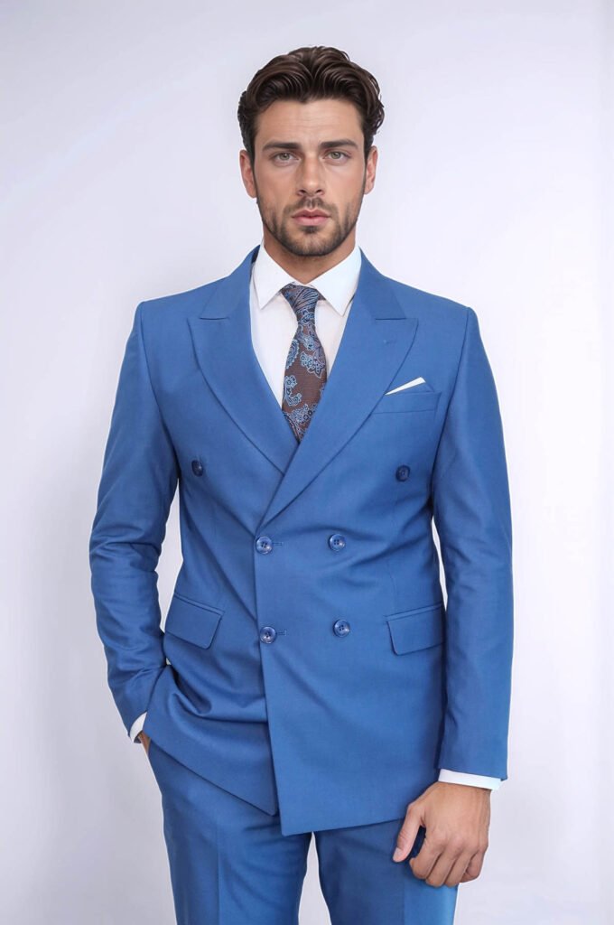 Double Breasted Slim Fit Blue Men Suit