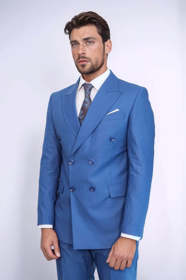Double Breasted Slim Fit Blue Men Suit