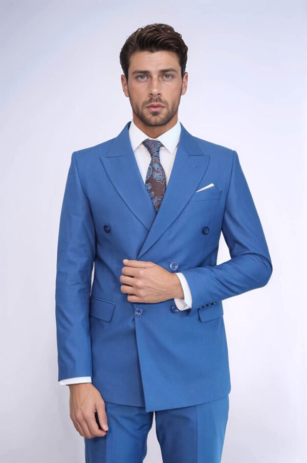 Double Breasted Slim Fit Blue Men Suit