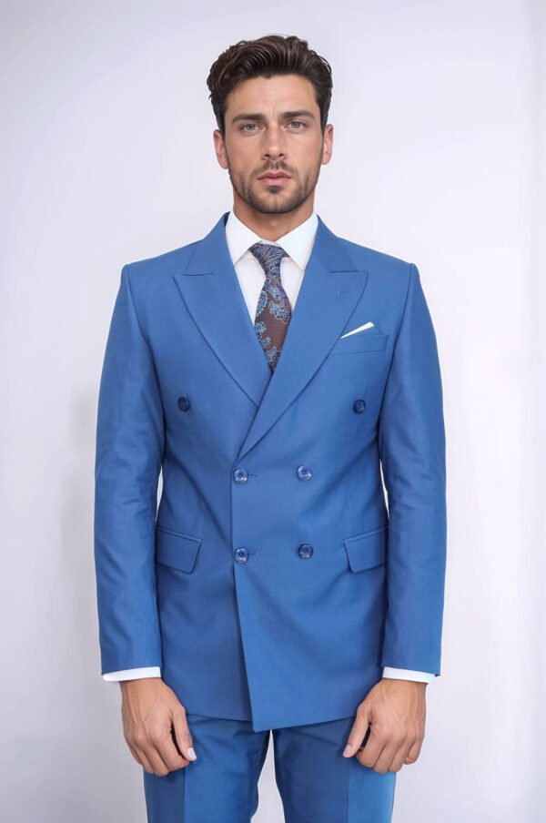 Double Breasted Slim Fit Blue Men Suit