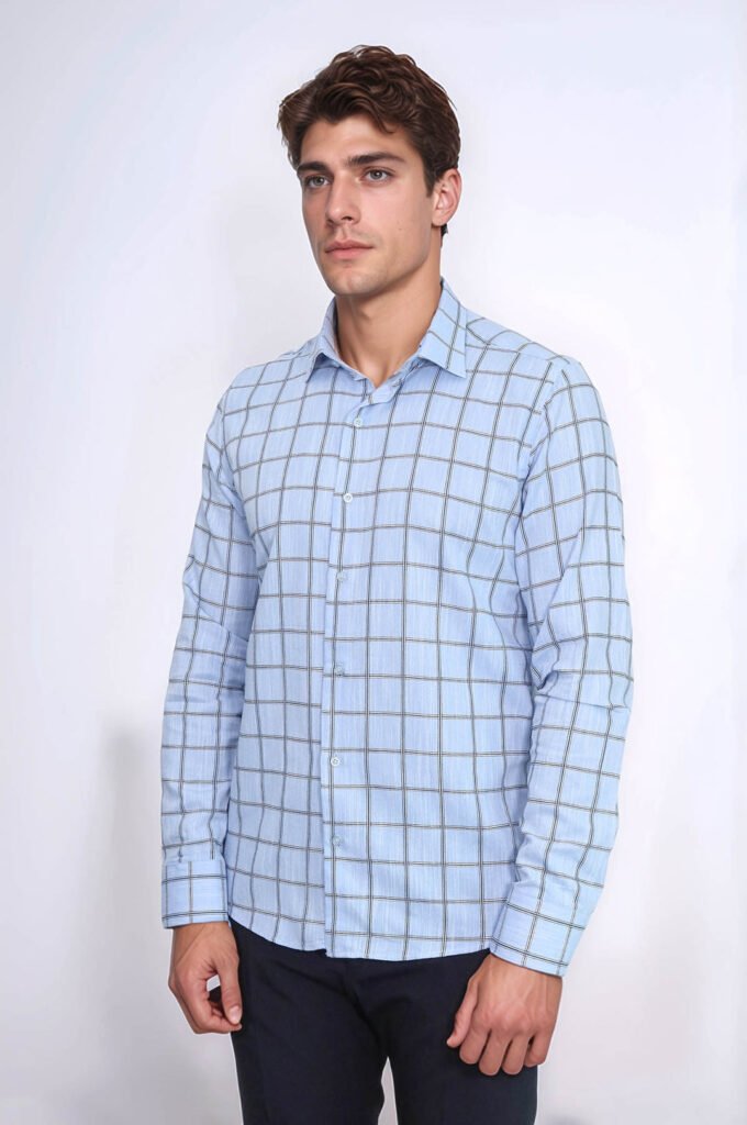 Plaid Slim Fit Blue Men Shirt