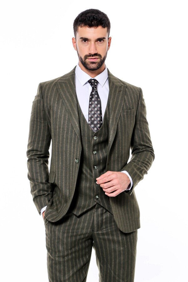 Green Striped Slim-Fit Vested Suit