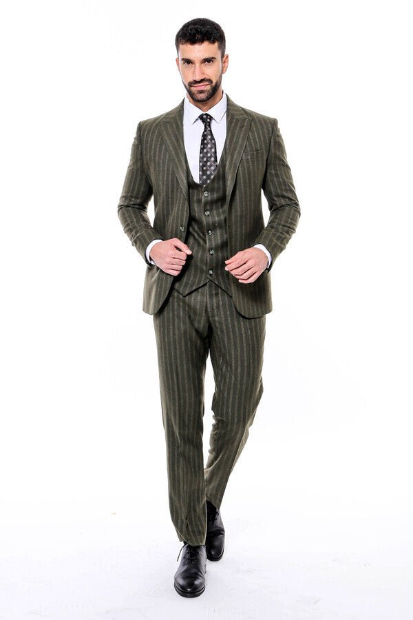 Green Striped Slim-Fit Vested Suit