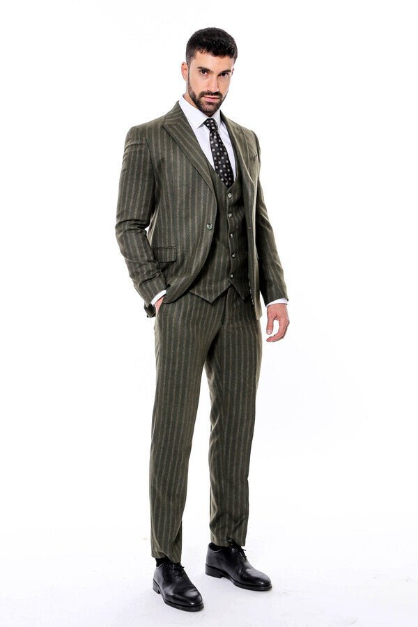 Green Striped Slim-Fit Vested Suit
