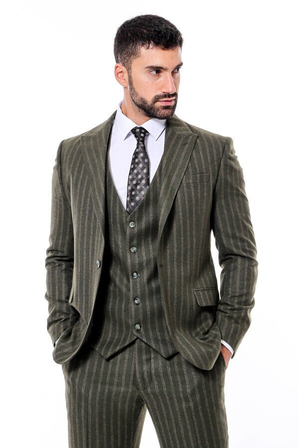 Green Striped Slim-Fit Vested Suit
