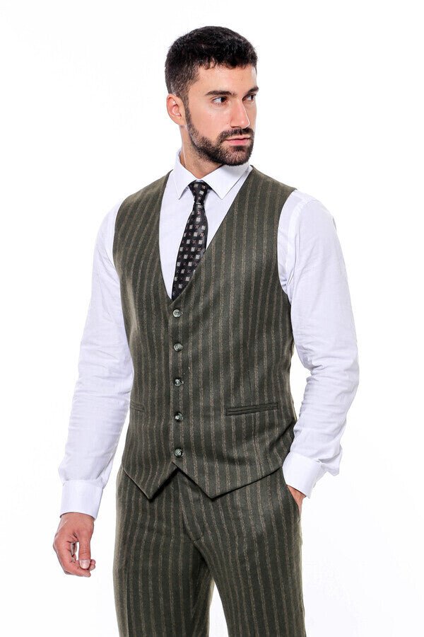 Green Striped Slim-Fit Vested Suit