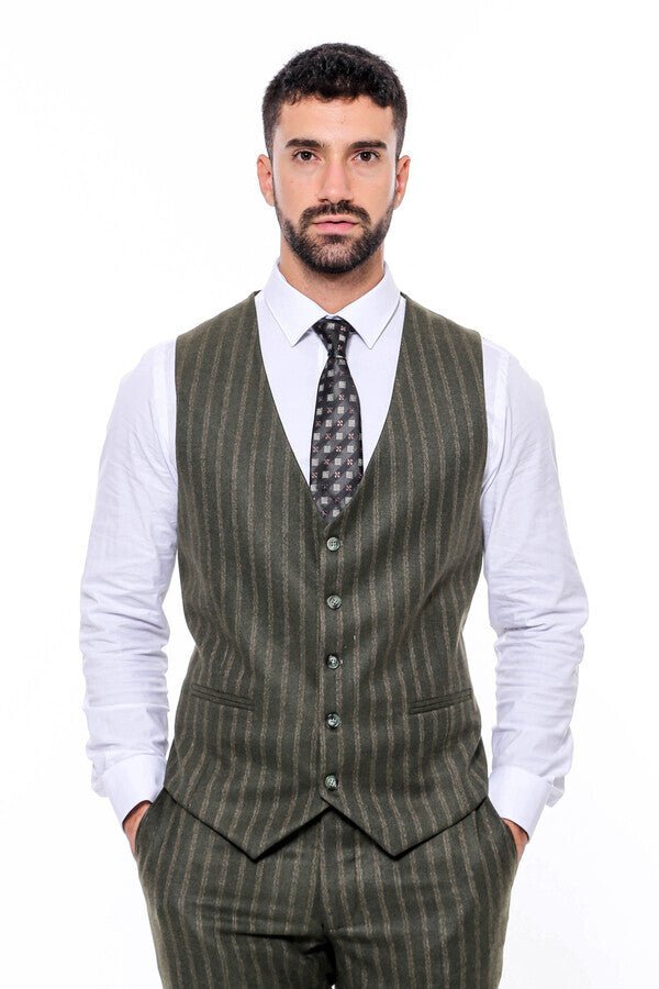 Green Striped Slim-Fit Vested Suit