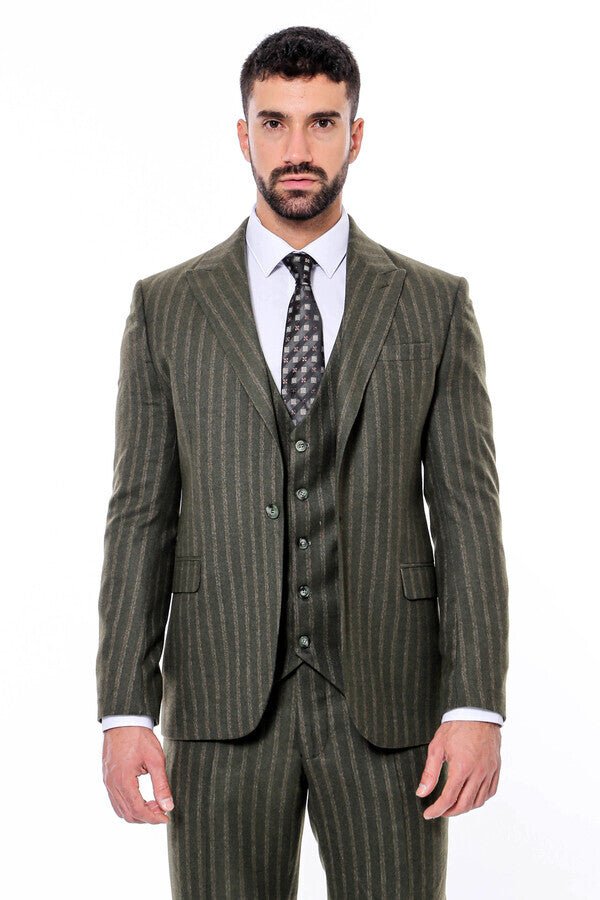 Green Striped Slim-Fit Vested Suit