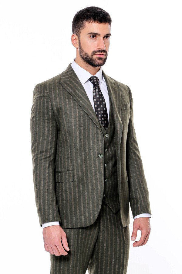 Green Striped Slim-Fit Vested Suit