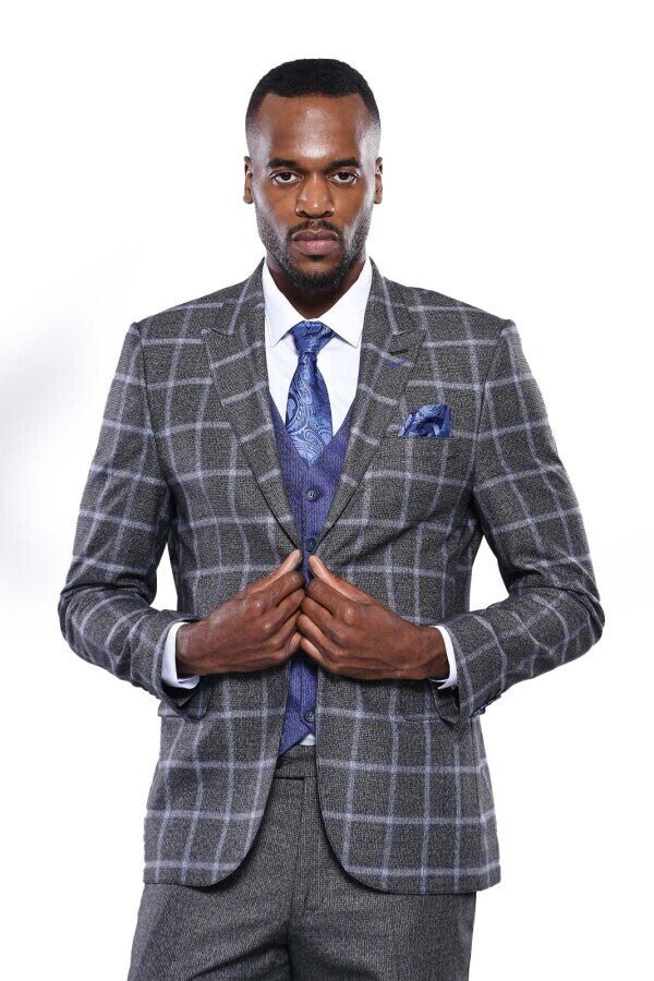 Grey Blue Checked Suit