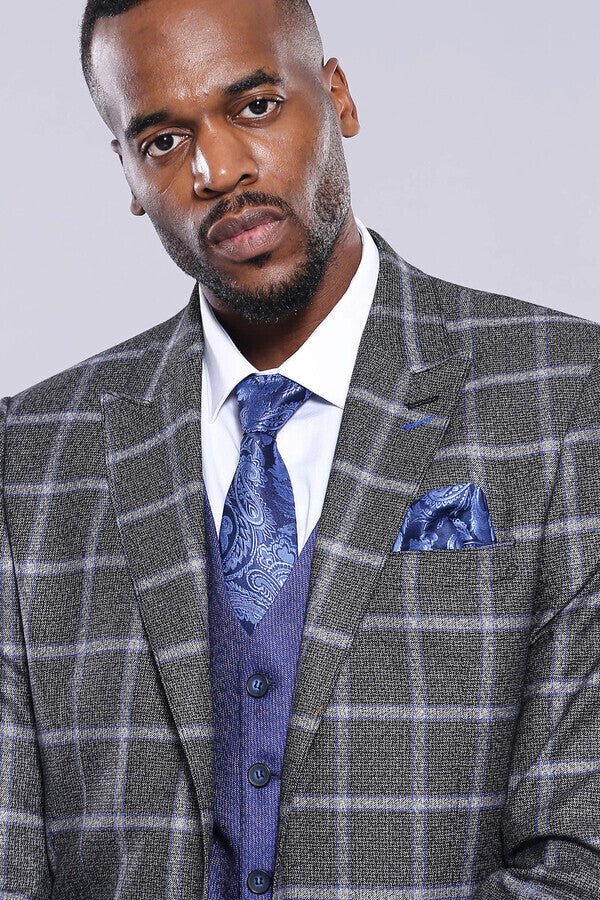 Grey Blue Checked Suit