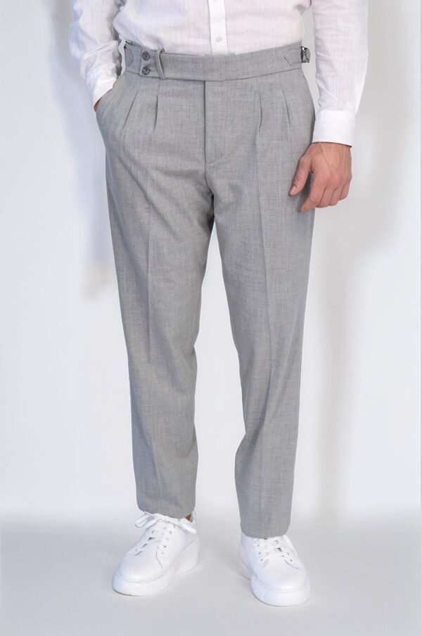 Grey Double Pleated Buckled High Waist Slim Fit Trousers