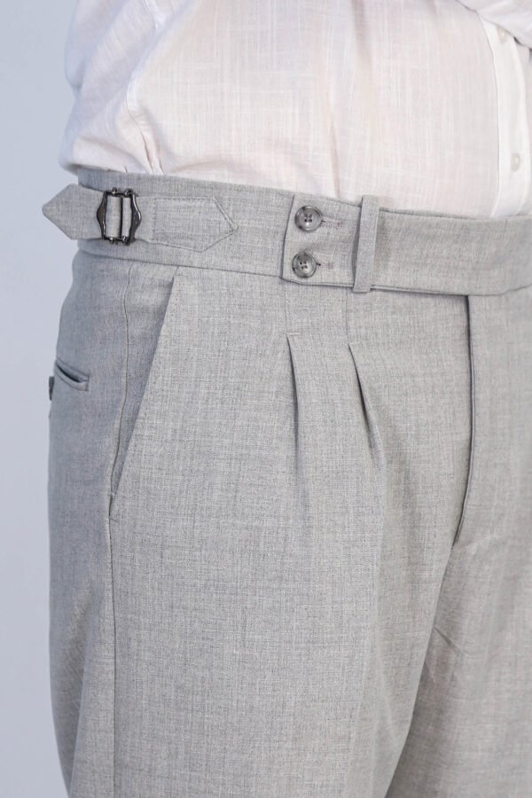 Grey Double Pleated Buckled High Waist Slim Fit Trousers
