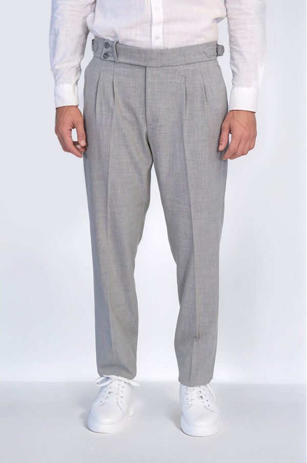 Grey Double Pleated Buckled High Waist Slim Fit Trousers