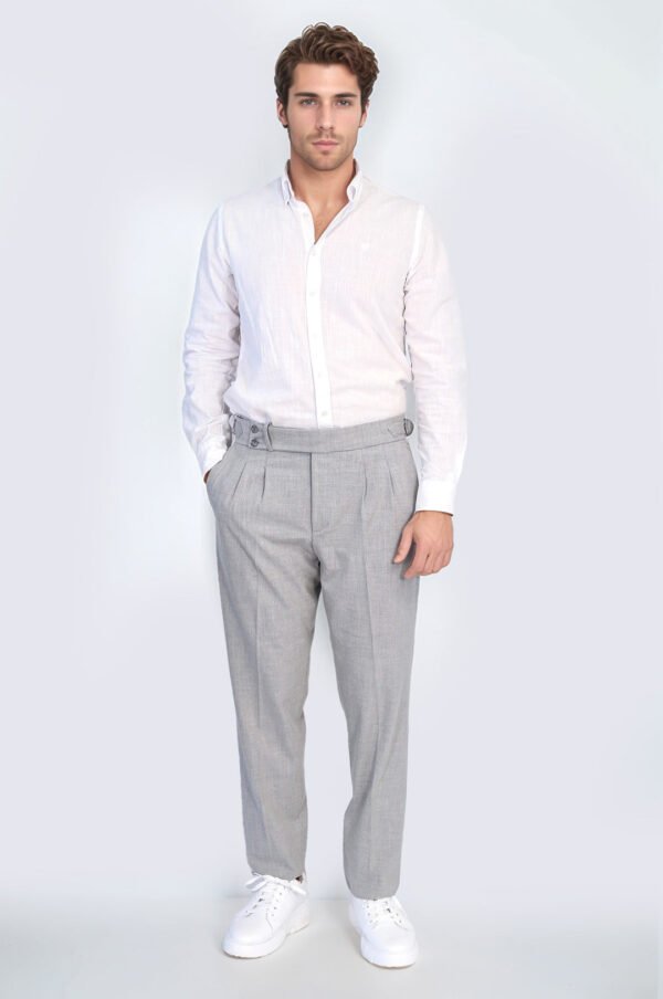 Grey Double Pleated Buckled High Waist Slim Fit Trousers