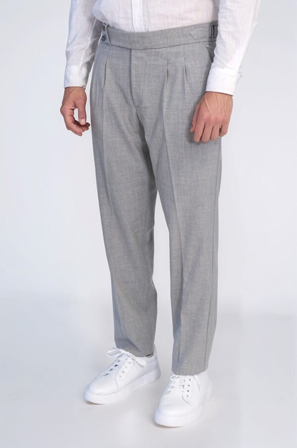 Grey Double Pleated Buckled High Waist Slim Fit Trousers