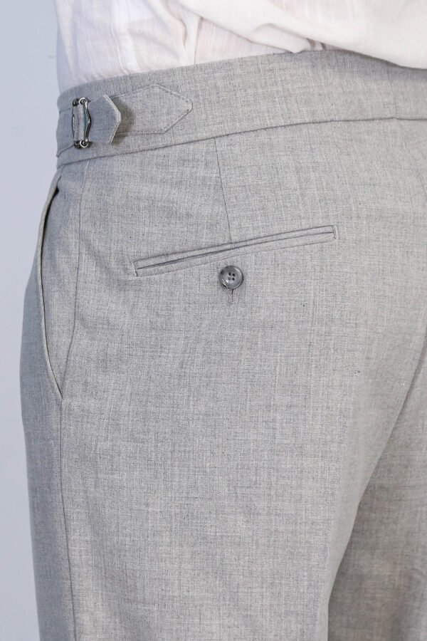 Grey Double Pleated Buckled High Waist Slim Fit Trousers