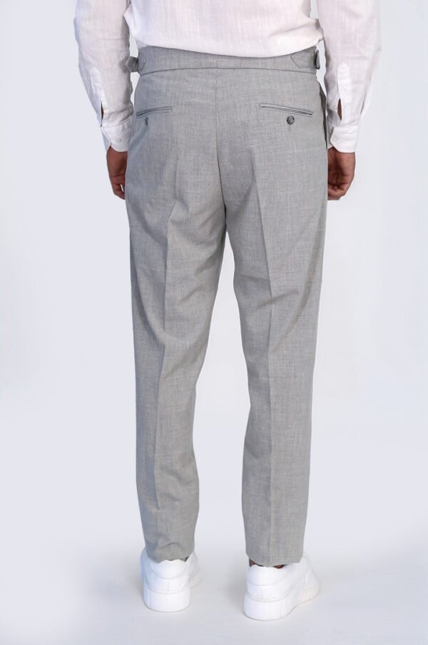 Grey Double Pleated Buckled High Waist Slim Fit Trousers