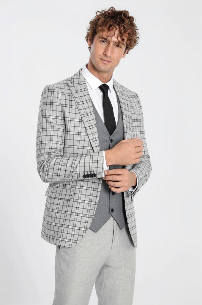 Grey Vested Slim Fit Checked Light Grey Men Suit
