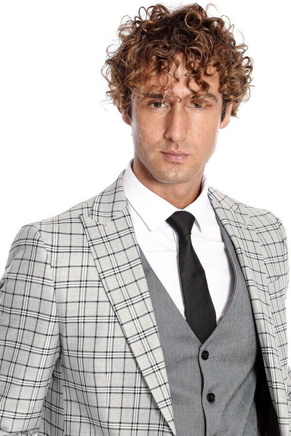 Grey Vested Slim Fit Checked Light Grey Men Suit