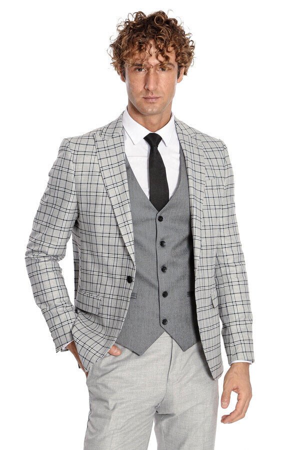 Grey Vested Slim Fit Checked Light Grey Men Suit