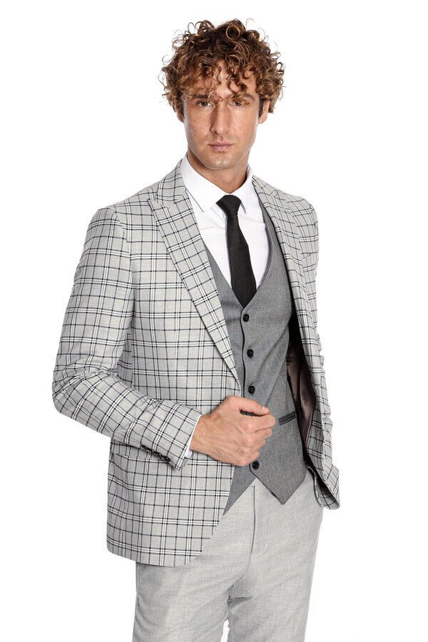 Grey Vested Slim Fit Checked Light Grey Men Suit