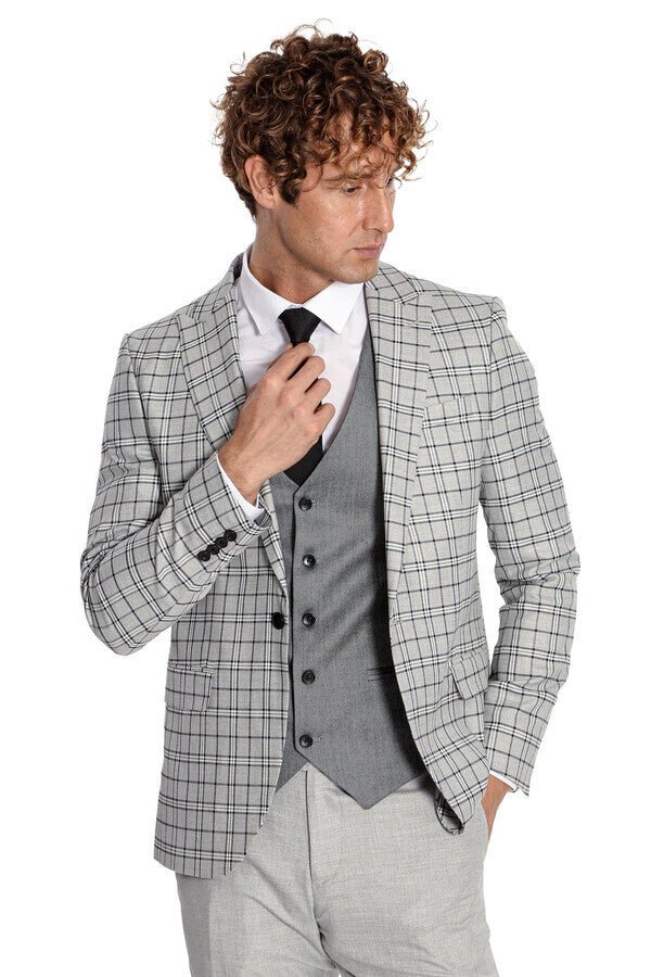 Grey Vested Slim Fit Checked Light Grey Men Suit
