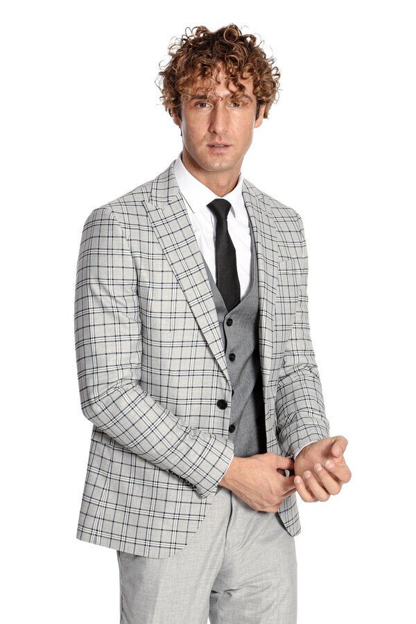 Grey Vested Slim Fit Checked Light Grey Men Suit