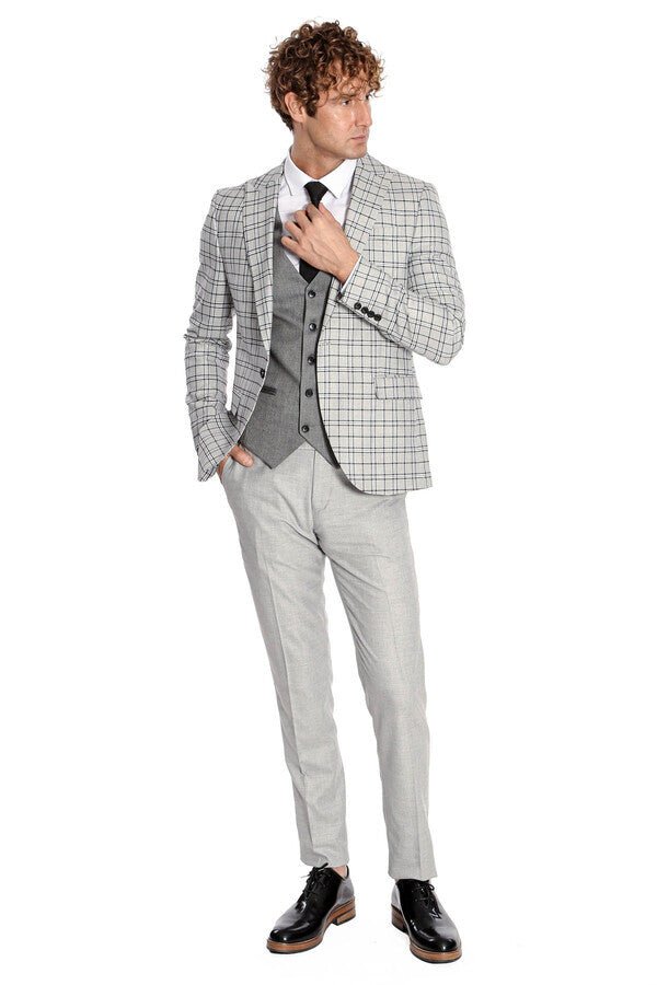 Grey Vested Slim Fit Checked Light Grey Men Suit