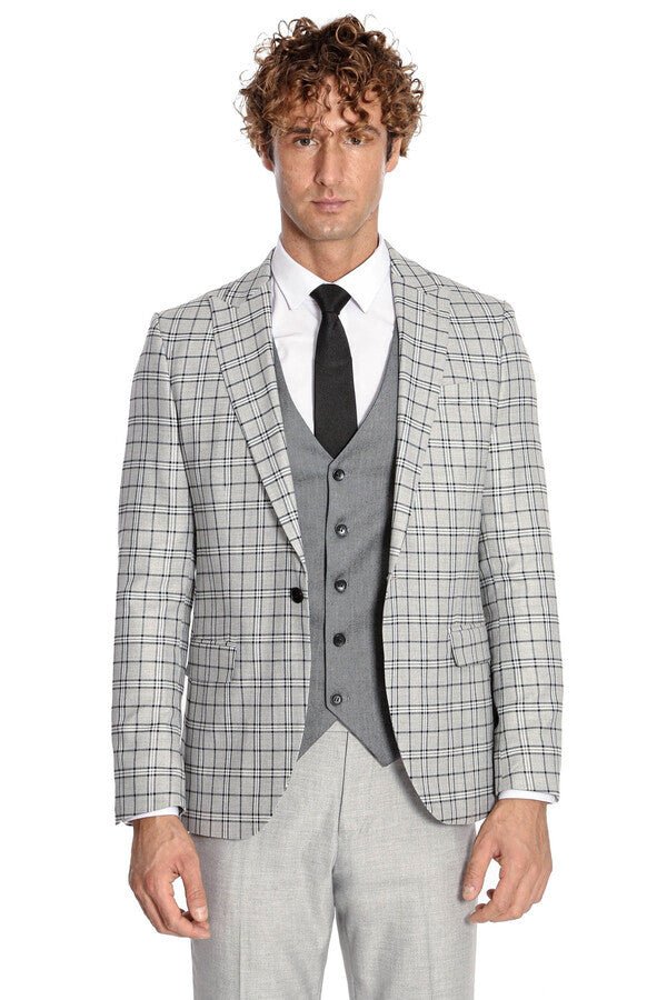 Grey Vested Slim Fit Checked Light Grey Men Suit