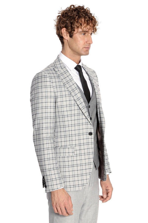 Grey Vested Slim Fit Checked Light Grey Men Suit