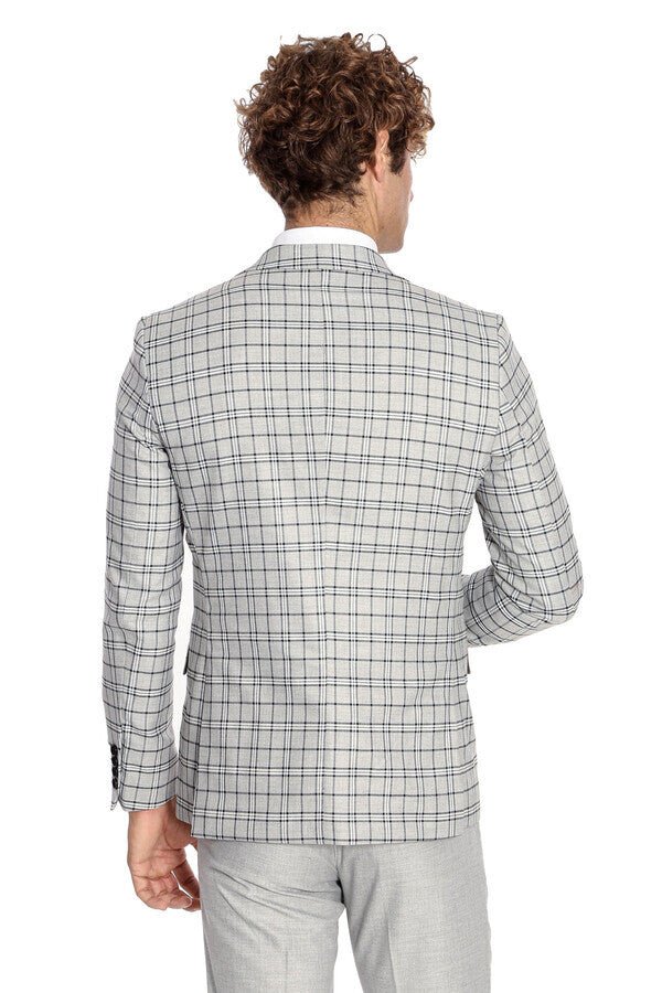 Grey Vested Slim Fit Checked Light Grey Men Suit