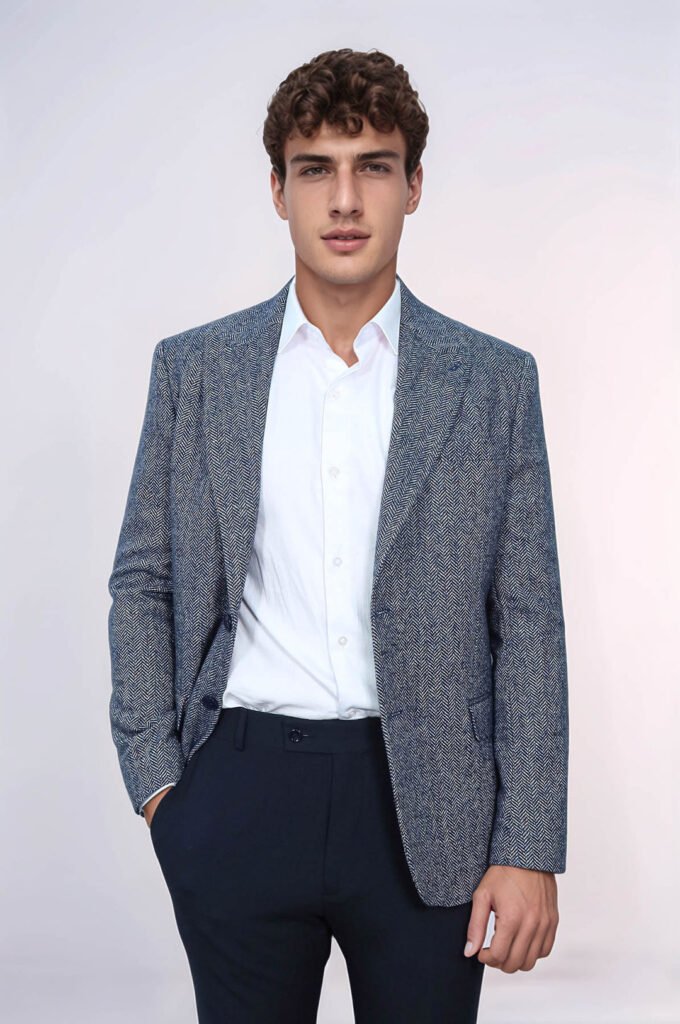 Houndstooth Pattern Wool Blue Men Blazer