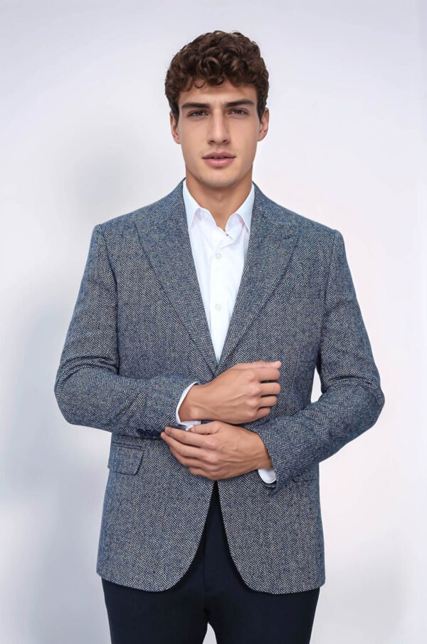 Houndstooth Pattern Wool Blue Men Blazer