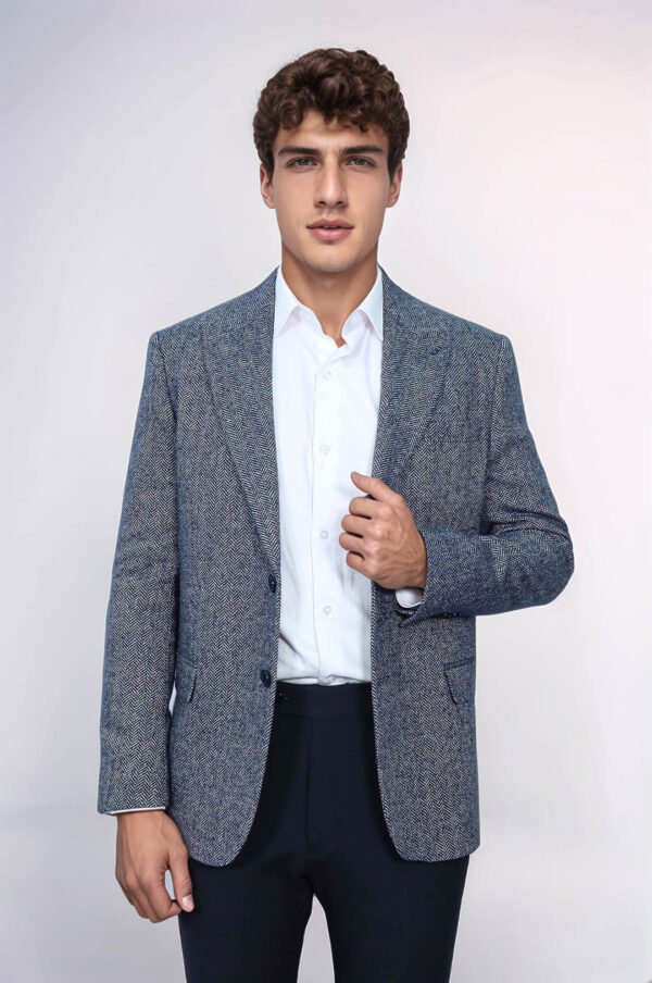 Houndstooth Pattern Wool Blue Men Blazer