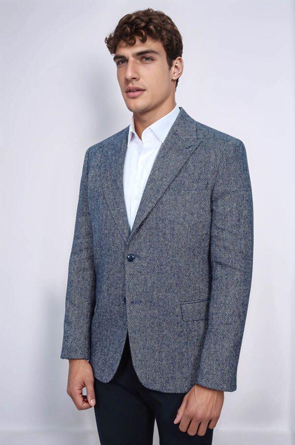 Houndstooth Pattern Wool Blue Men Blazer