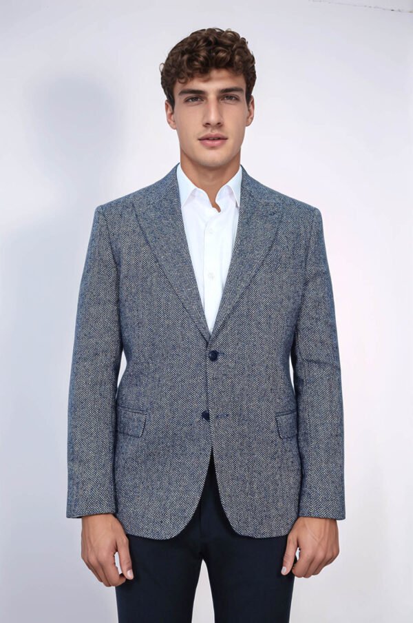 Houndstooth Pattern Wool Blue Men Blazer