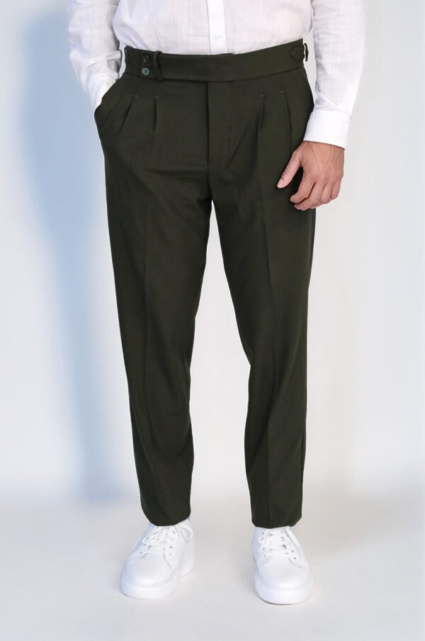 Khaki Double Pleated Buckled High Waist Slim Fit Trousers