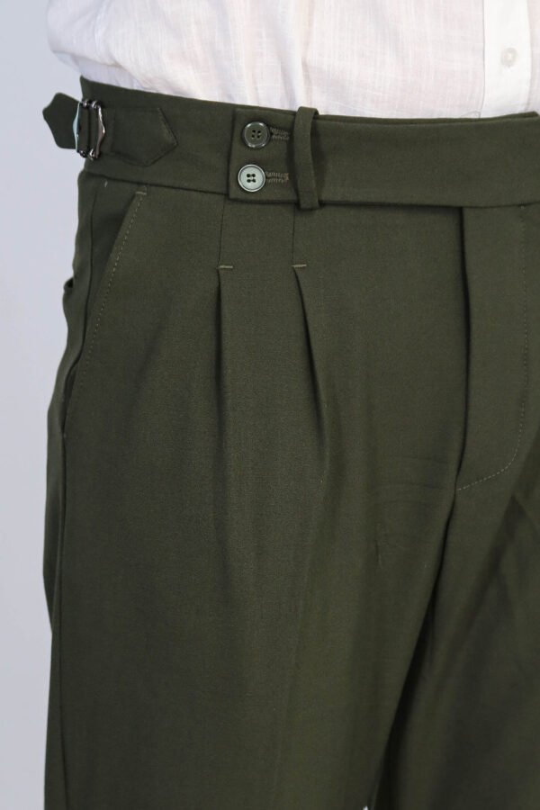 Khaki Double Pleated Buckled High Waist Slim Fit Trousers