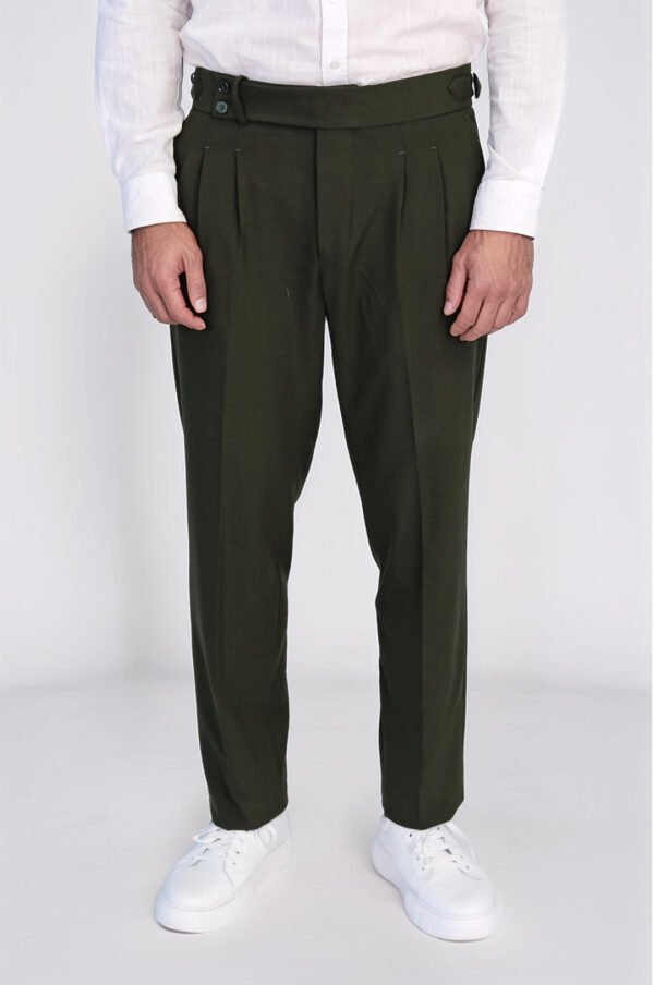 Khaki Double Pleated Buckled High Waist Slim Fit Trousers